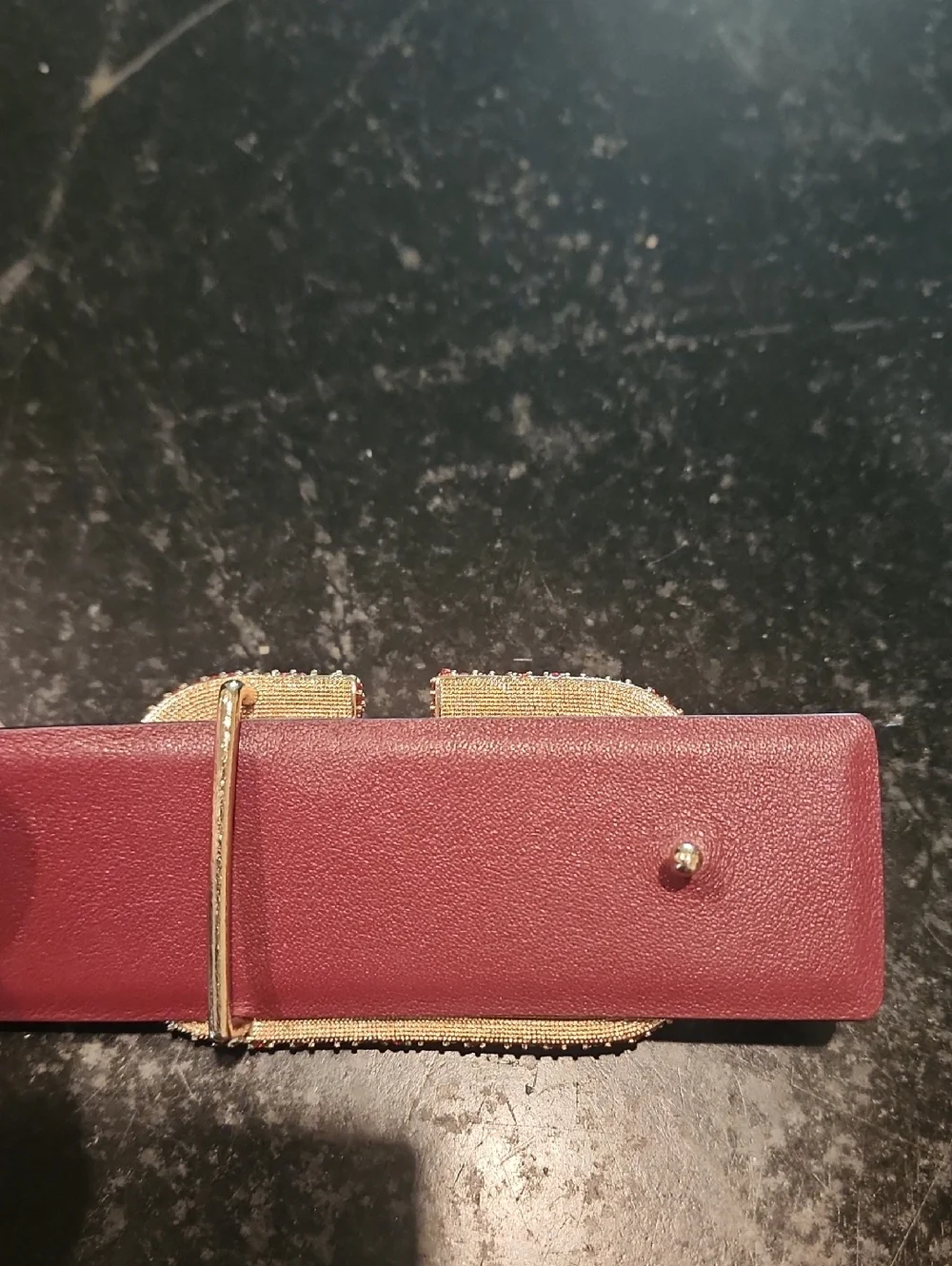 Red Crystal On Gold Logo Buckle Belt -Deep Burgundy Red Leather Designer Style - Picture 6 of 7